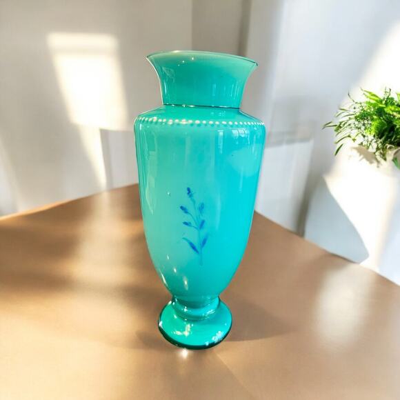 Antique Uranium Harrach Bohemian Hand Enameled Vase-Teal-Aqua-Turquoise-Glass - Picture 5 of 10